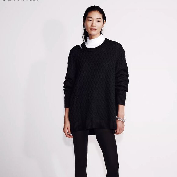 NWT Calvin Klein Merino Wool Cable Knit Relaxed Crewneck Sweater, Size Medium - Picture 1 of 10